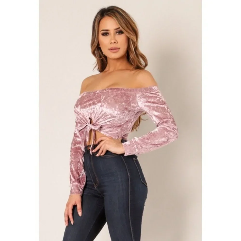 Pink Crushed Velvet Tie Front Crop Top NEW - Picture 3 of 7